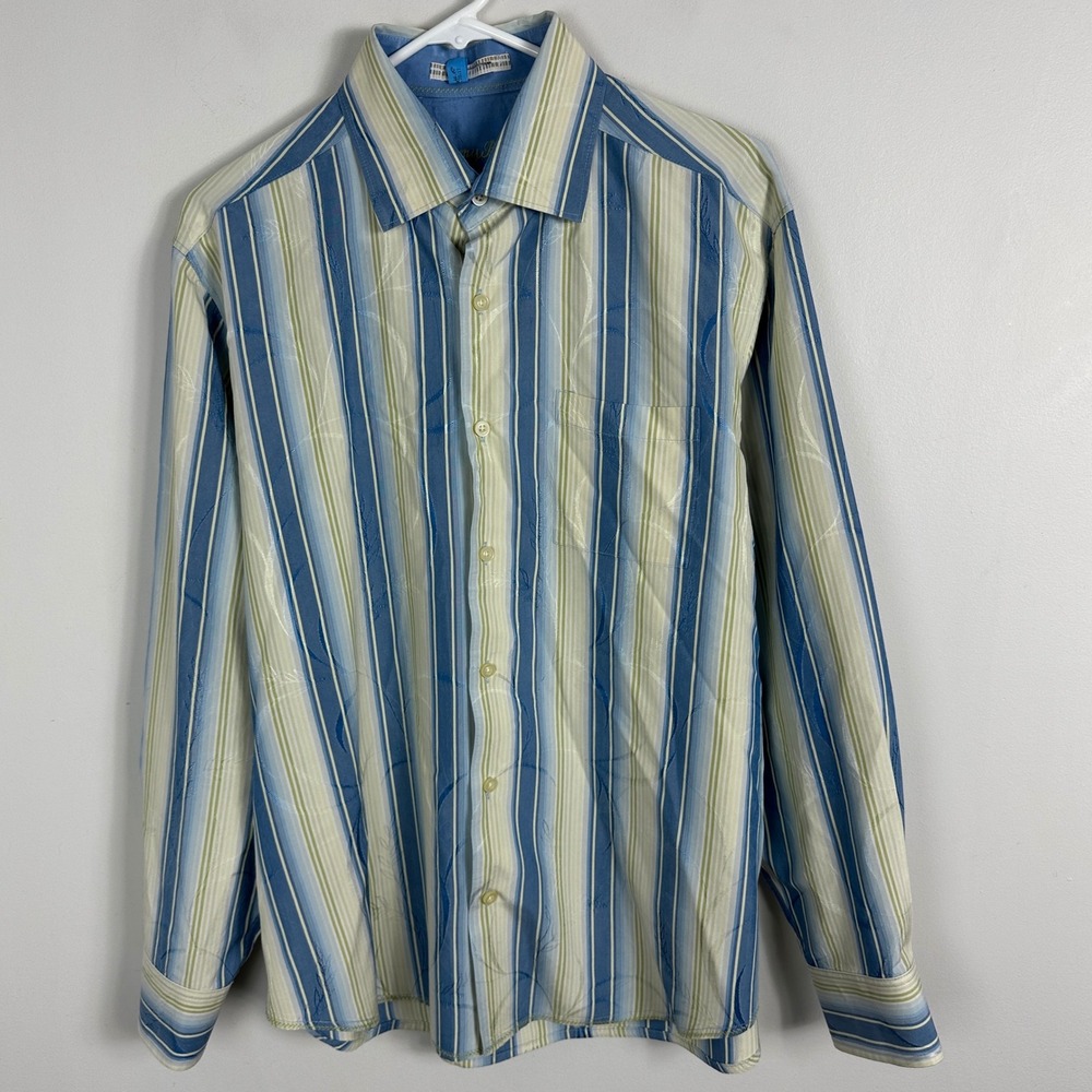 Tommy Bahama 100%‎ Silk Mens Button Down Collared Shirt Size Medium Blue Yellow